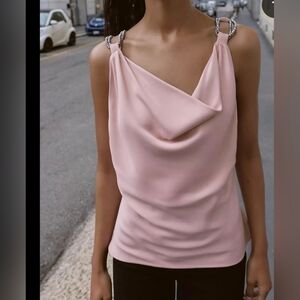 Zara-S- Pale Pink Satin Cowl Neck Tank with Ringstone Straps